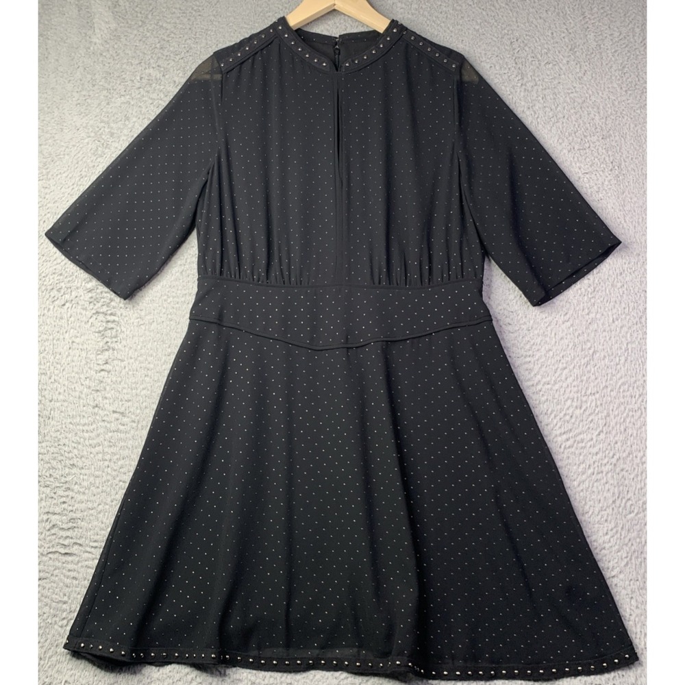 AllSaints Dress Womens 14 Black Lined Metal Beads On Neck And Hem Sheer Sleeves